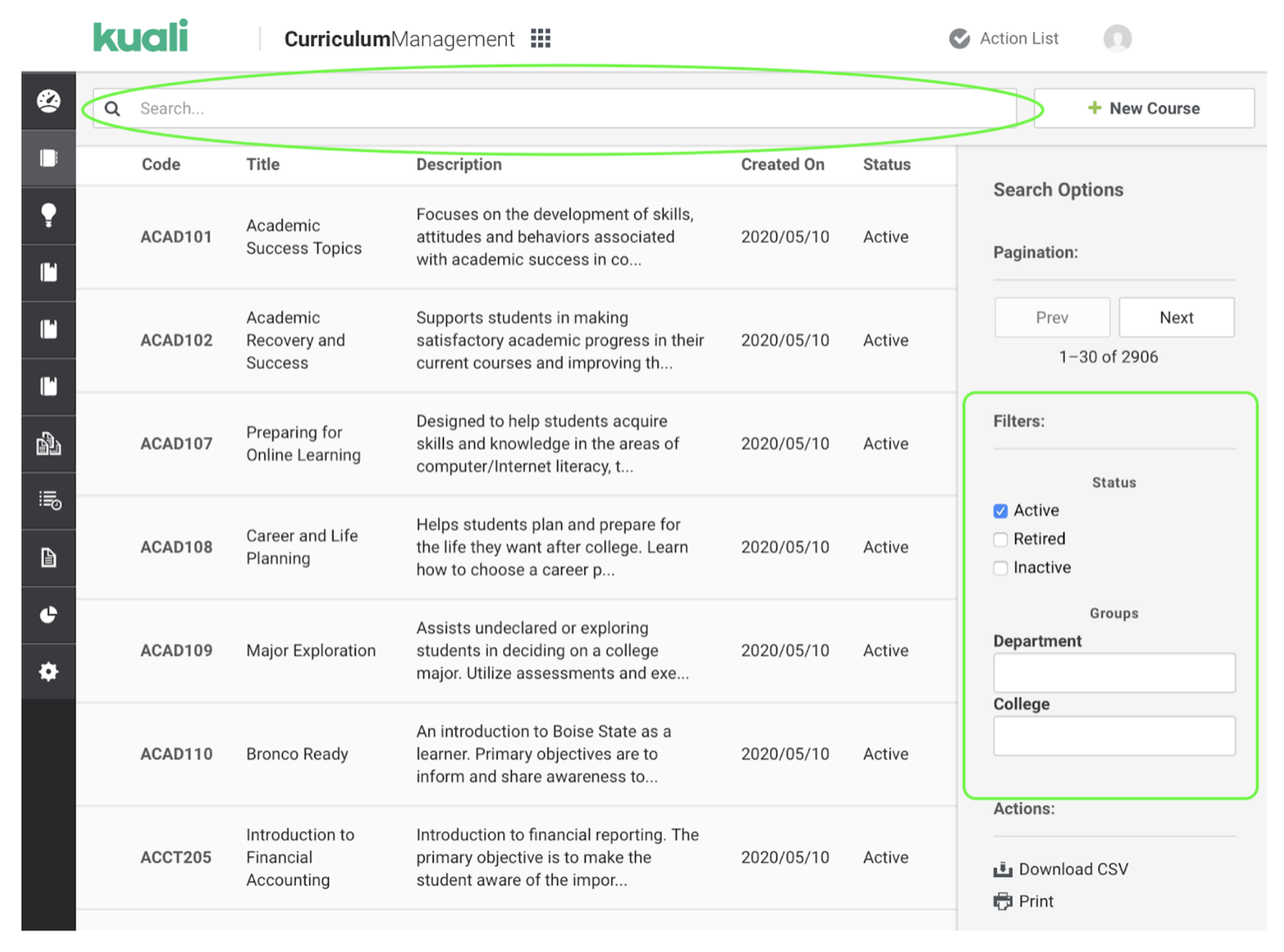 kuali curriculum management search bar highlighted