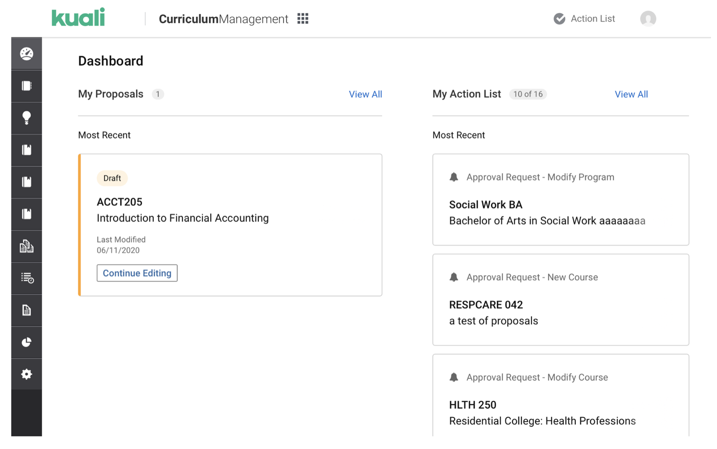 kuali curriculum management dashboard screenshot