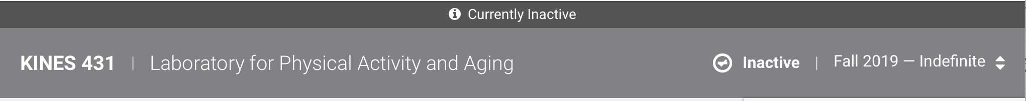 kuali course title bar is gray with a banner reading currently inactive above it