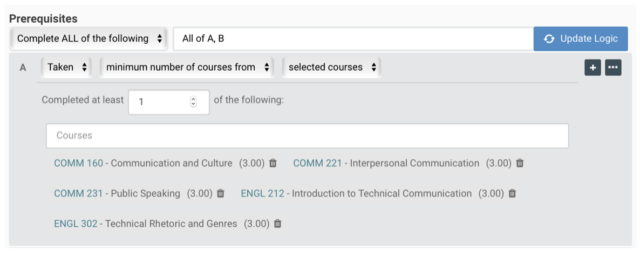 Prerequisites Complete ALL of the following, All of A, B. A= Taken minimum number of courses from selected courses. Completed at least 1 of the following: COMM 160, COMM 221, COMM 231, etc.