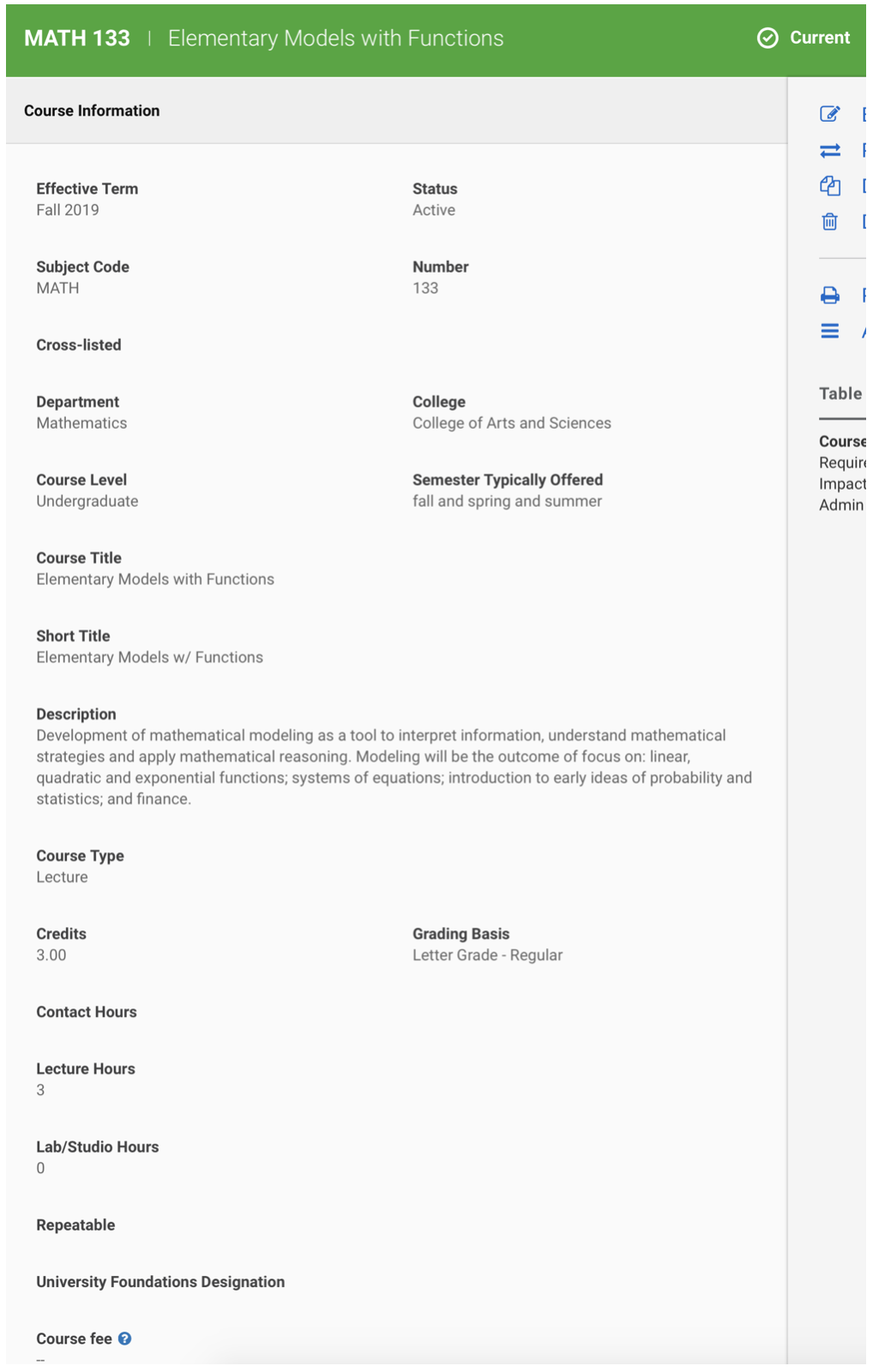 screenshot of math 133 course information