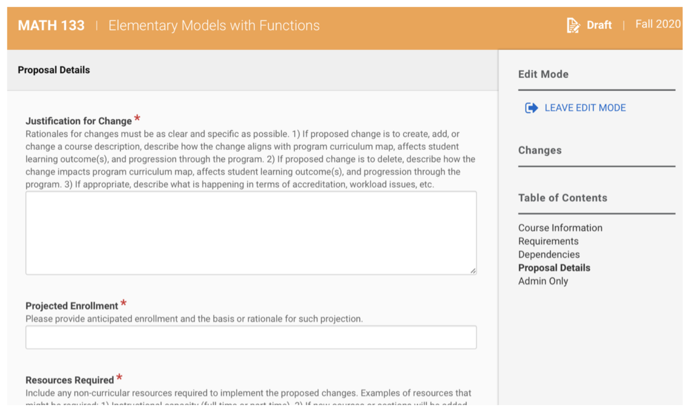 screenshot of math 133 proposal details requesting justification for change, projected enrollment with leave edit mode button 