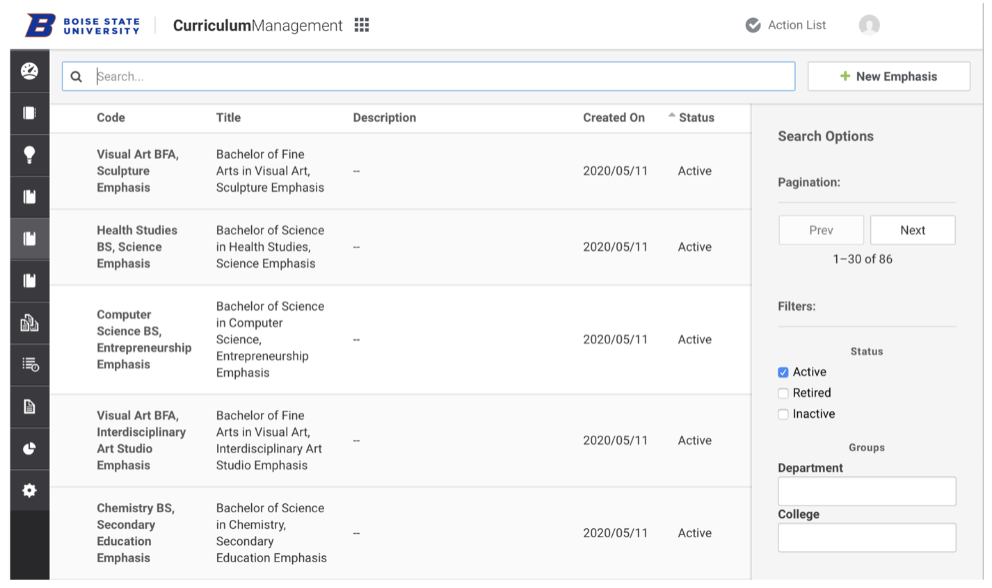 screenshot of kuali curriculum management main page