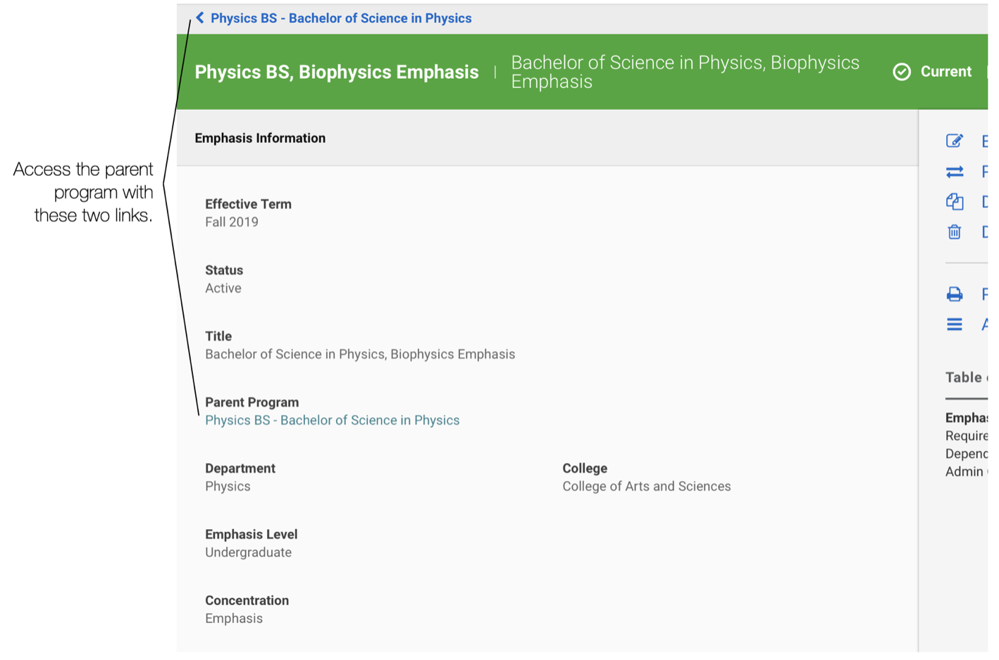 screenshot of physics bs, biophysics emphasis with "access the parent program with these two links" pointing to the highlighted phrase above the banner and the link below parent program