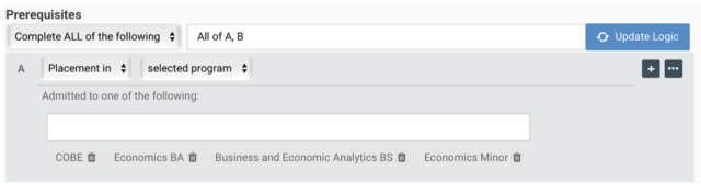 Prerequisites: Complete all of the following: all of A, B. A= placement in. selected program. admitted to one of the following: cobe. economics ba. business and economic analytics bs. economics minor.