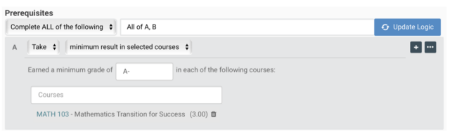 Prerequisites: Complete all of the following A, B. A= Take minimum result in selected courses. earned a minimum grade of A- in each of the following courses: Courses= Math 103