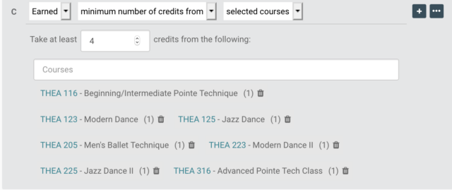 Shows C= earned minimum number of credits from selected courses. take at least 4 credits from the following and then a list of theater courses