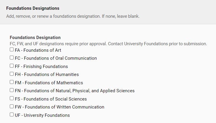 shows FA, FH, FM, etc options on kuali course proposal