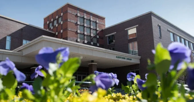 Albertsons Library Building with flowers in front