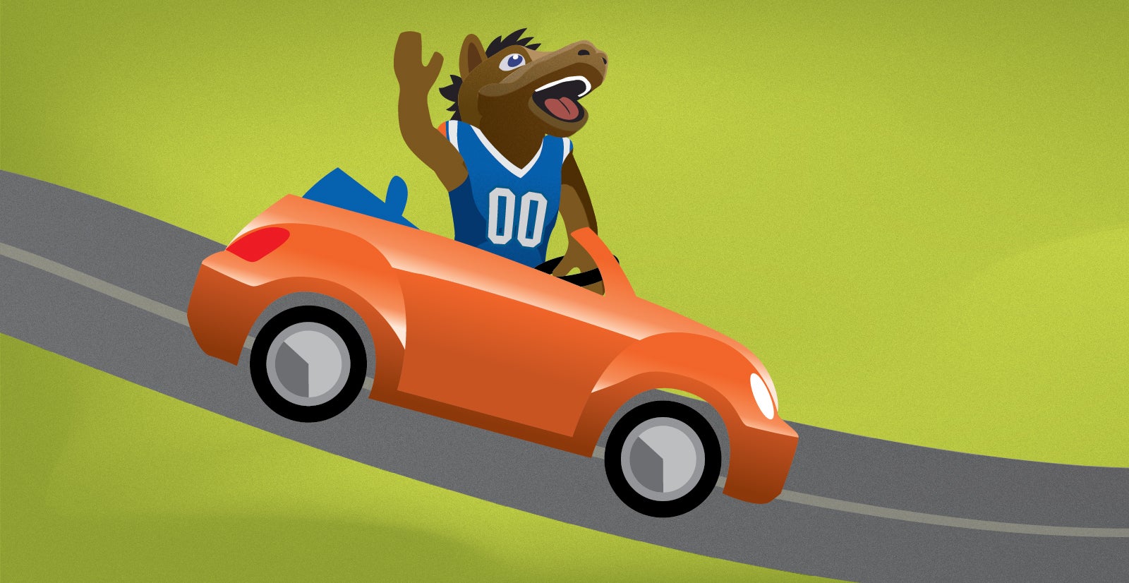 illustration of Buster bronco is a car, driving down a hill
