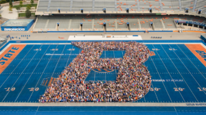 Students and parents form giant B on the Blue turf