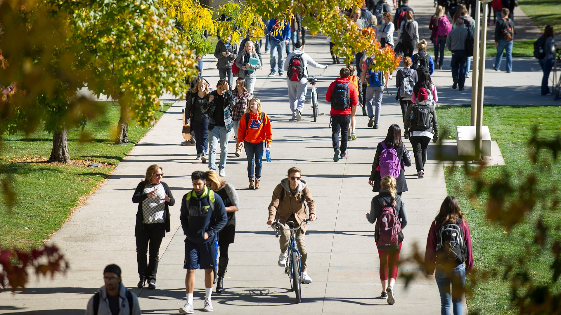 Students walking through campus in the Fall