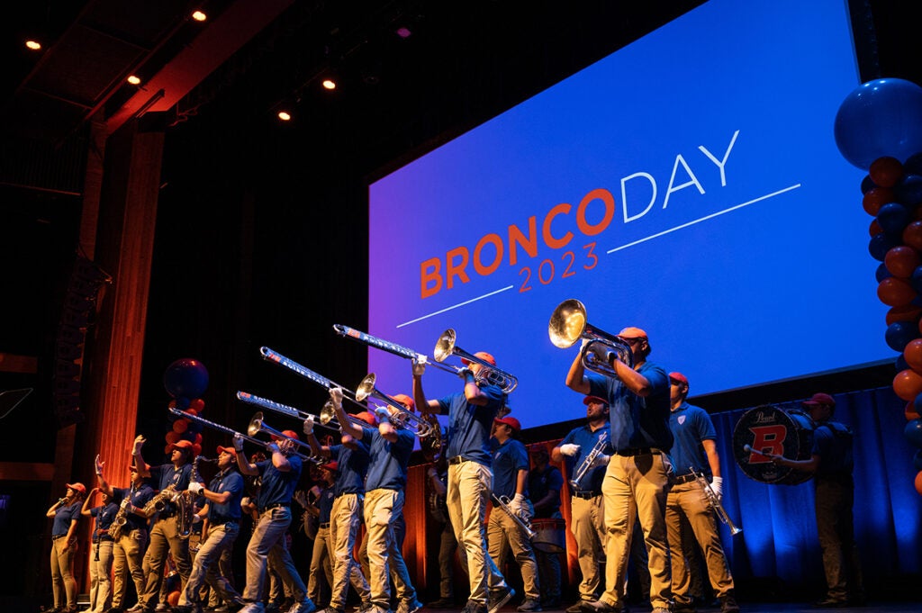 The Blue Thunder Marching Band welcomes visitors to Bronco Day