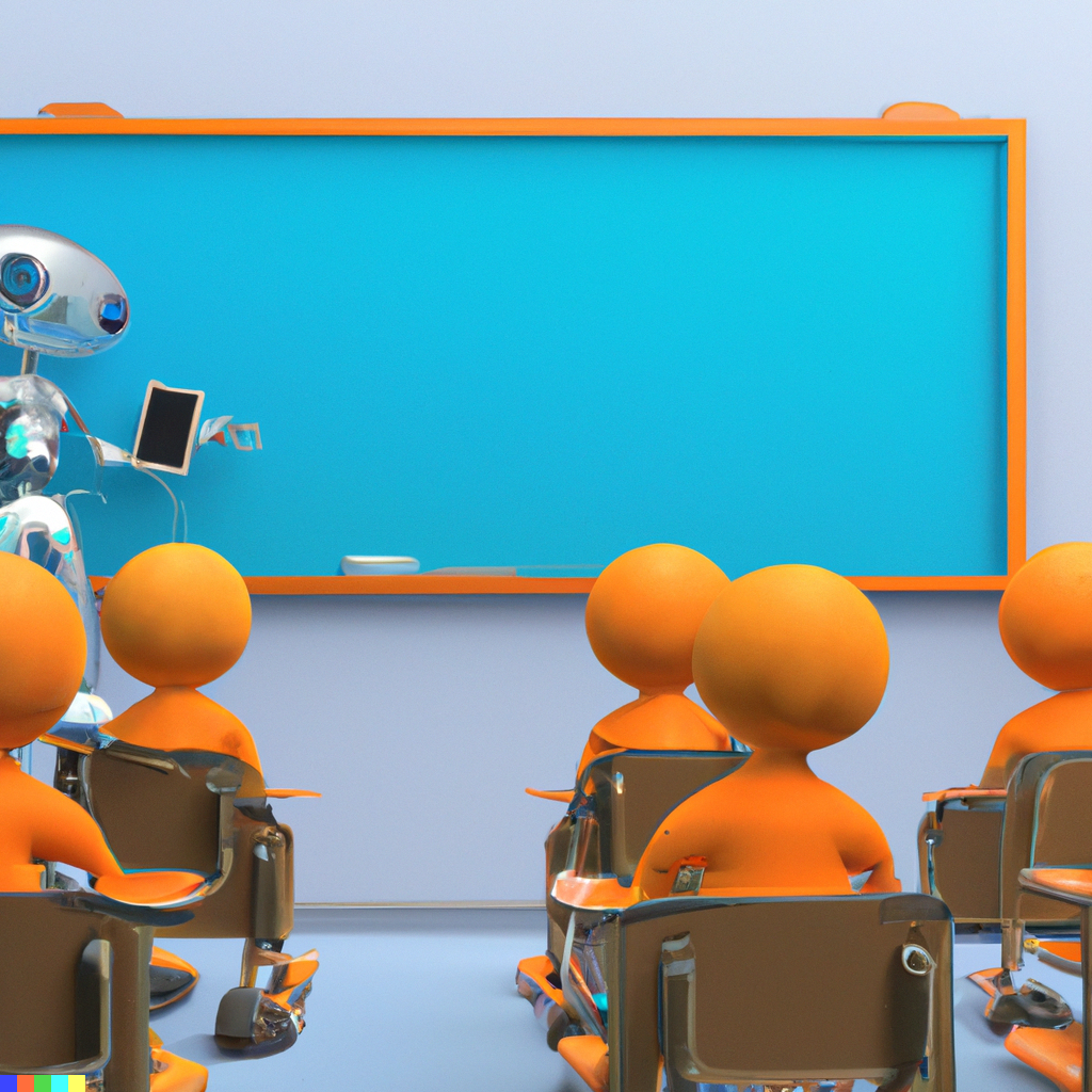 robot at a chalk board with students looking image is AI generated