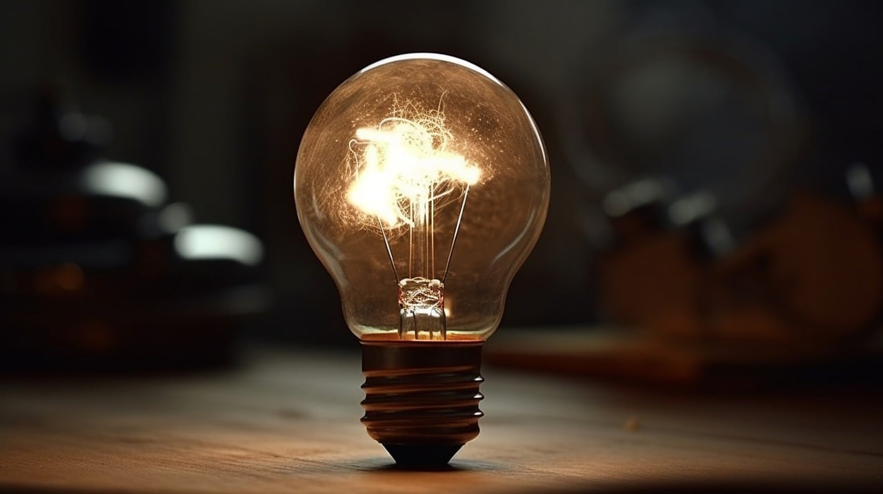 An old-fashioned lightbulb with the filaments lit. It is not in a lamp.