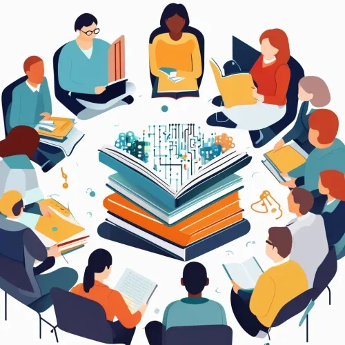 The image depicts a diverse group of people seated in a circle, engaged in a collaborative discussion. They are holding open books, with a central focus on a stack of books in the middle of the circle. The books in the center appear to be digitally interconnected, symbolizing the integration of technology and education, possibly in the context of a book discussion on AI. The atmosphere is one of learning and collaboration, with each participant actively involved in the conversation.