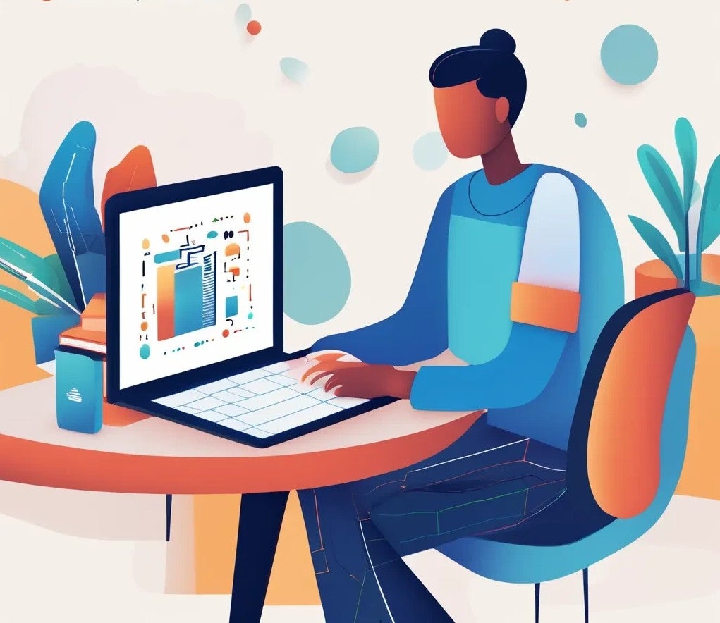 Alt text: An abstract illustration of a person sitting at a desk, working on a laptop. The person is depicted with minimal facial features, in a stylized design with bold, flat colors. The laptop screen shows a colorful bar chart or graphical interface. The background includes abstract shapes and plants, adding a modern and creative feel to the scene.