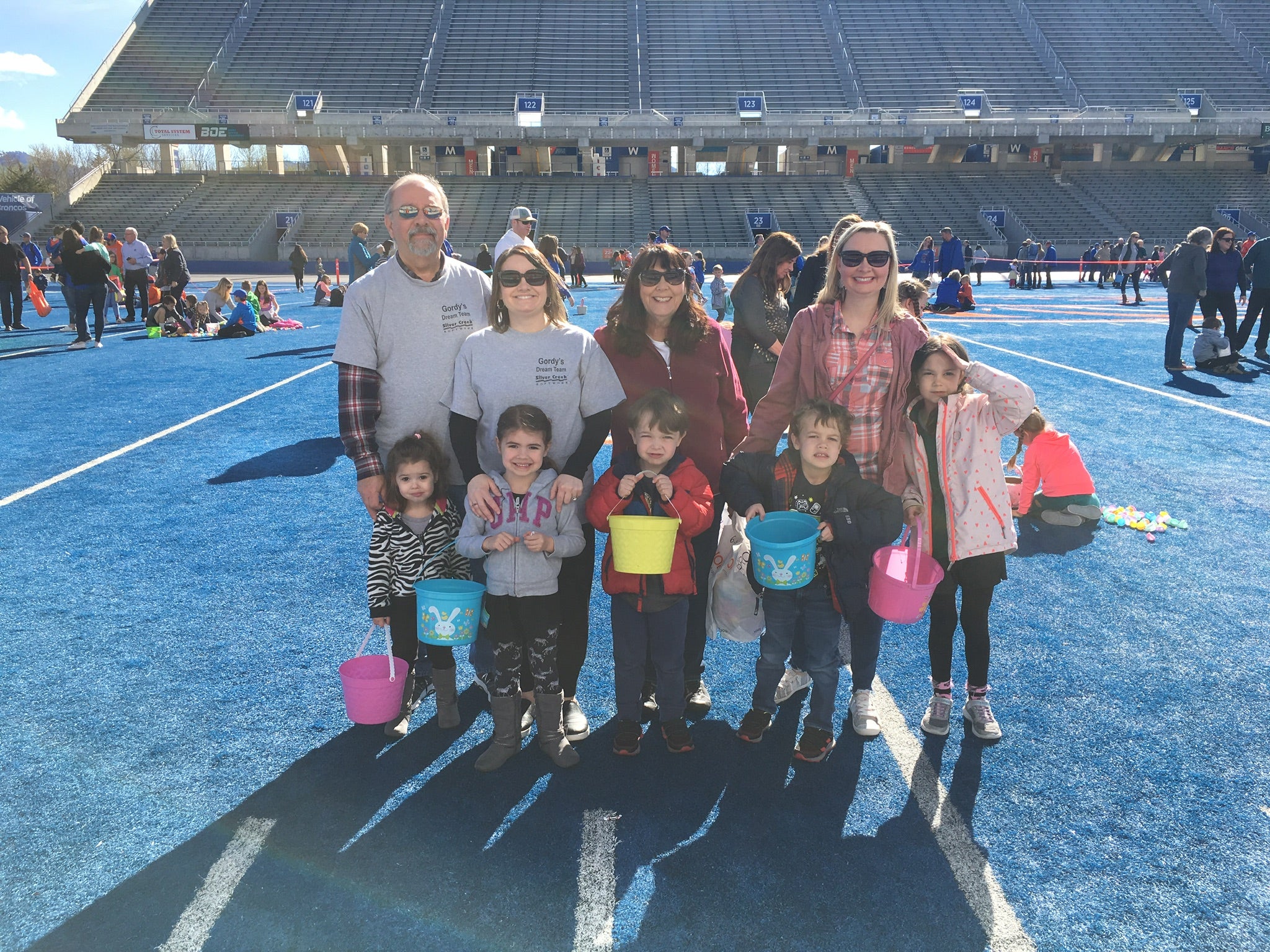 Family attends egg hunt on the blue