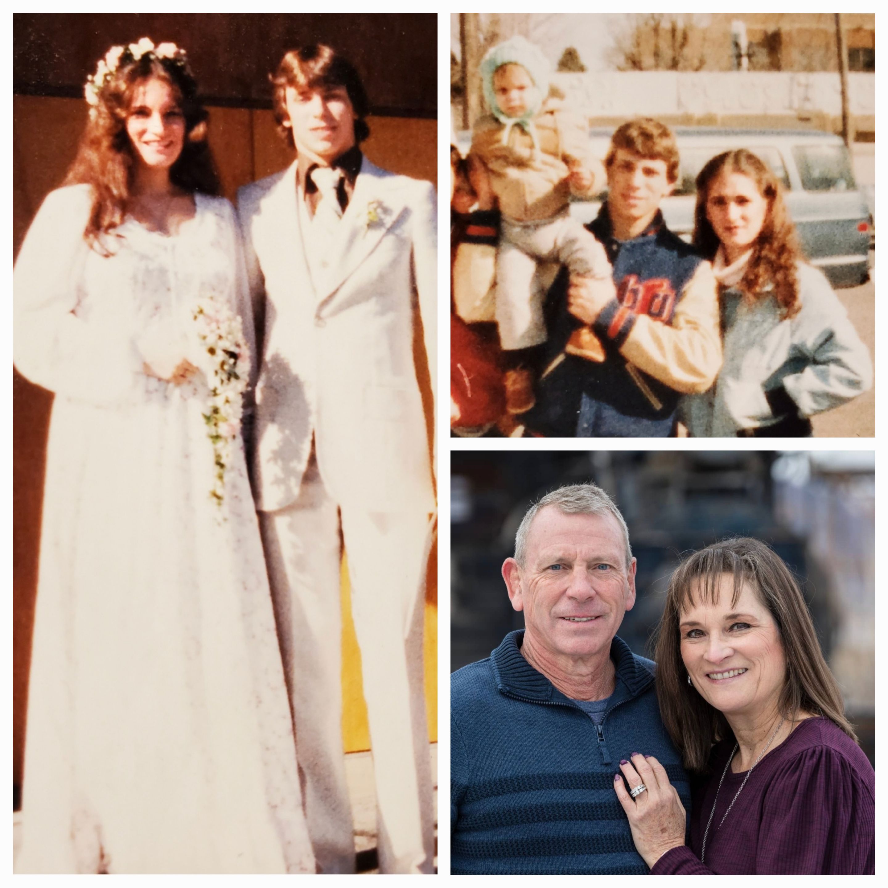 Scott and Lisa Barrett, on wedding day, with their child, and now
