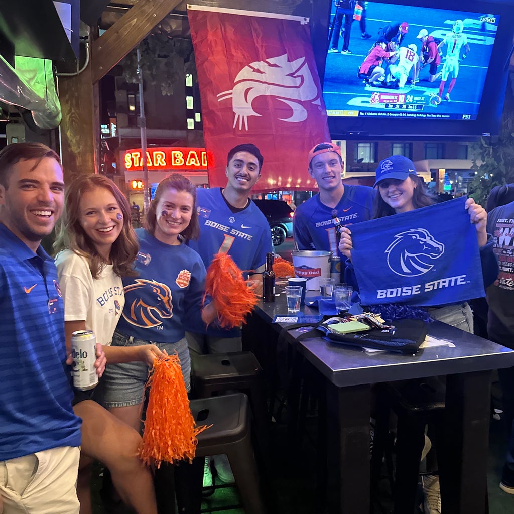 Broncos at a football watch party in Austin, Texas