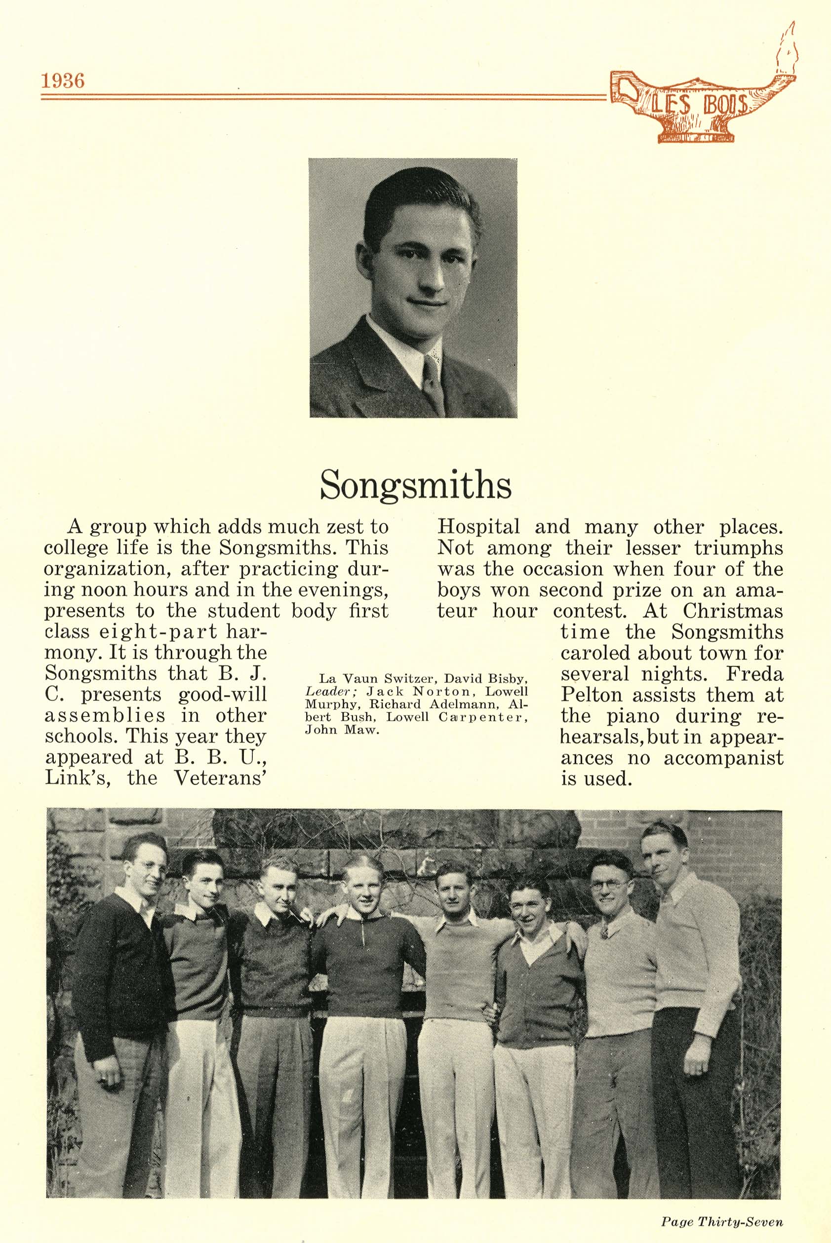 Yearbook pages for the Songsmiths including a portrait photo of a single student and a group photo of the Songsmiths
