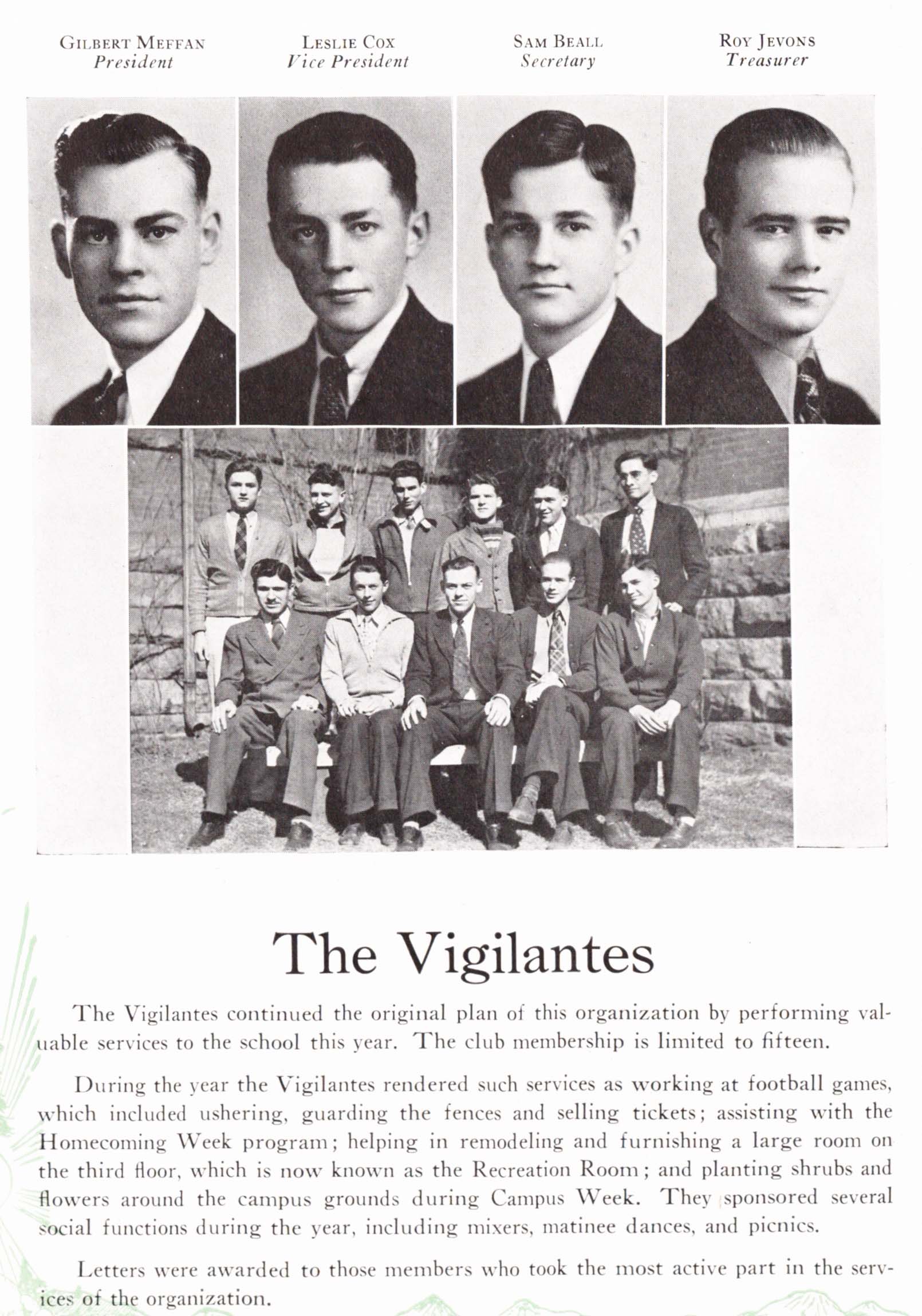 Group photo and four individual portraits depicting members of the Vigilantes club for the 1937 yearbook