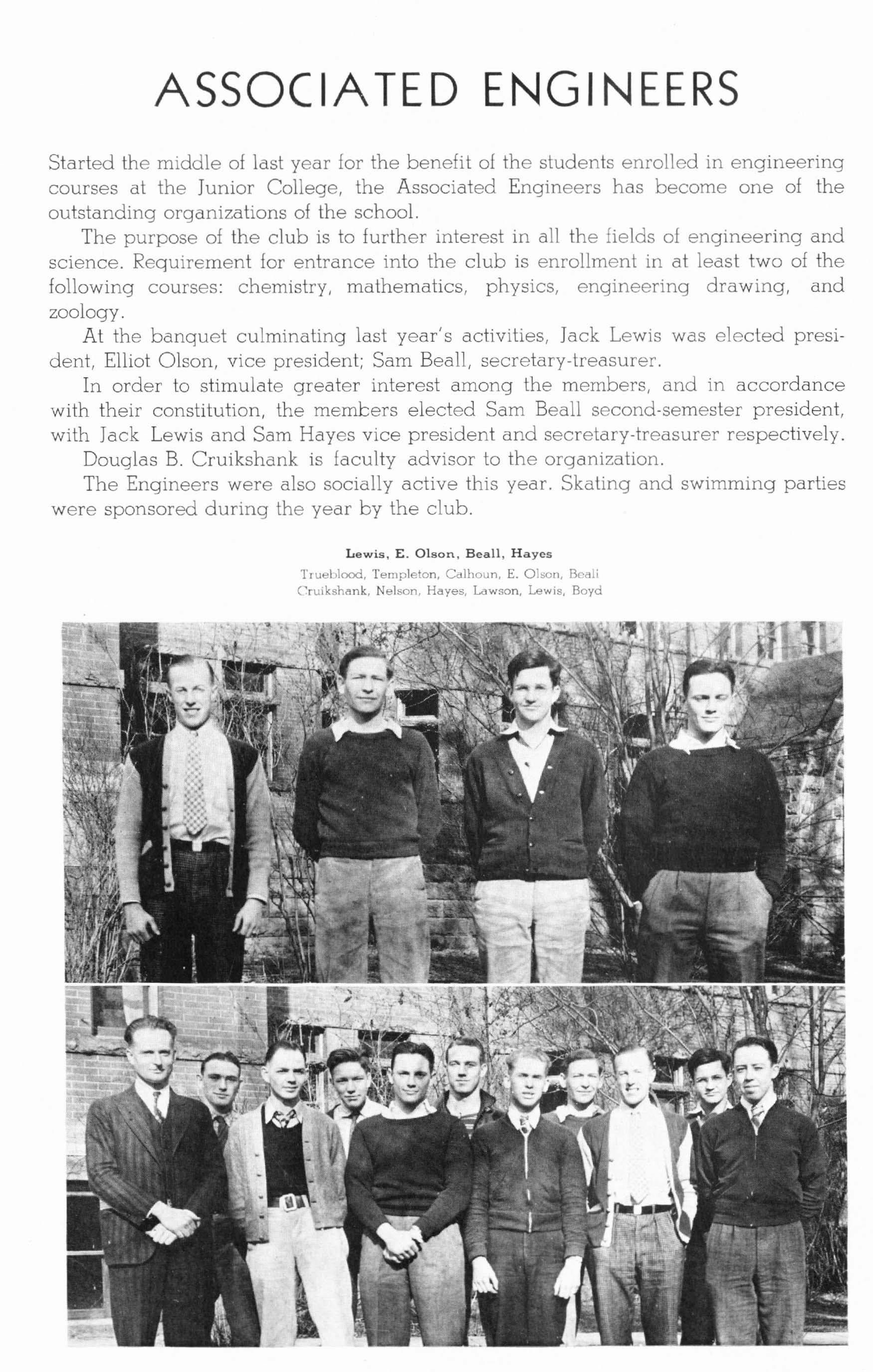 1938 yearbook page for the Associated Engineers student group including a group photo of club members