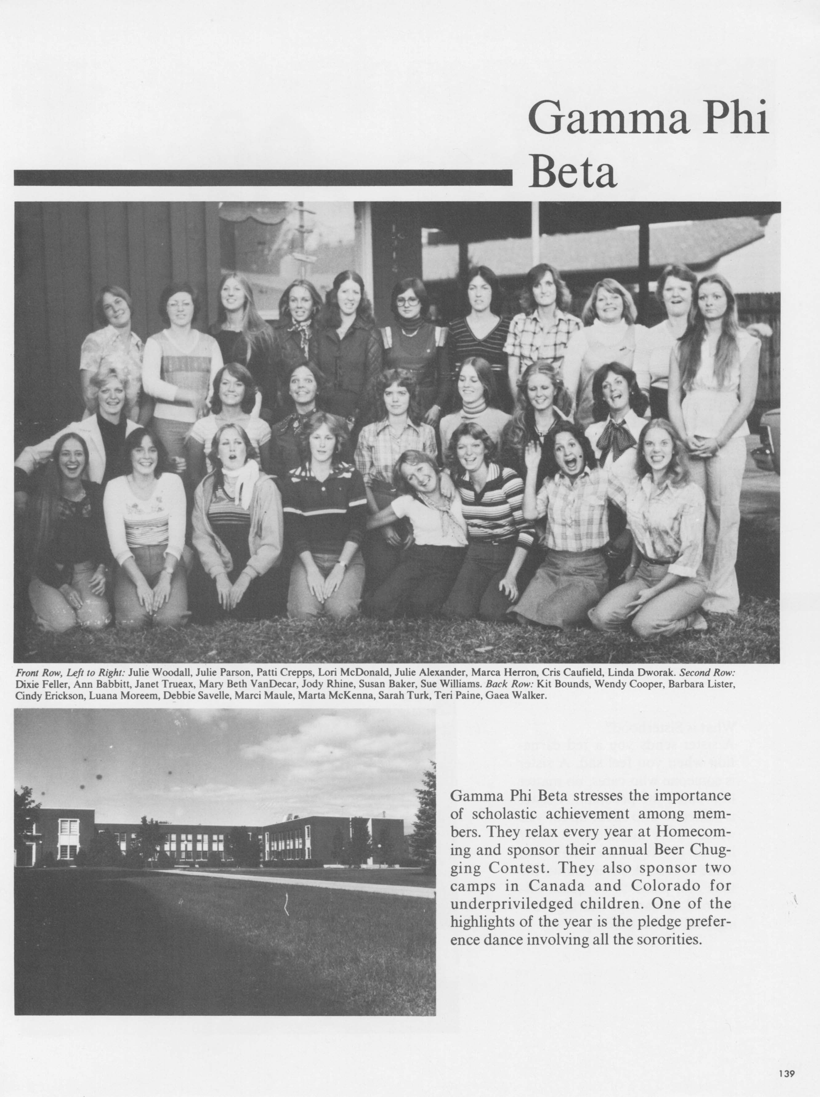 Page from yearbook showing a Gamma Phi Beta group photo and the exterior of a building on campus