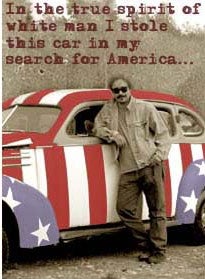 Larry McNeil leaning on car painted with stars and stripes