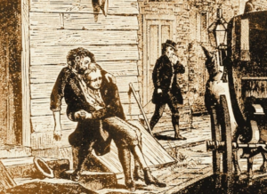 man being carried to a wagon, drawing