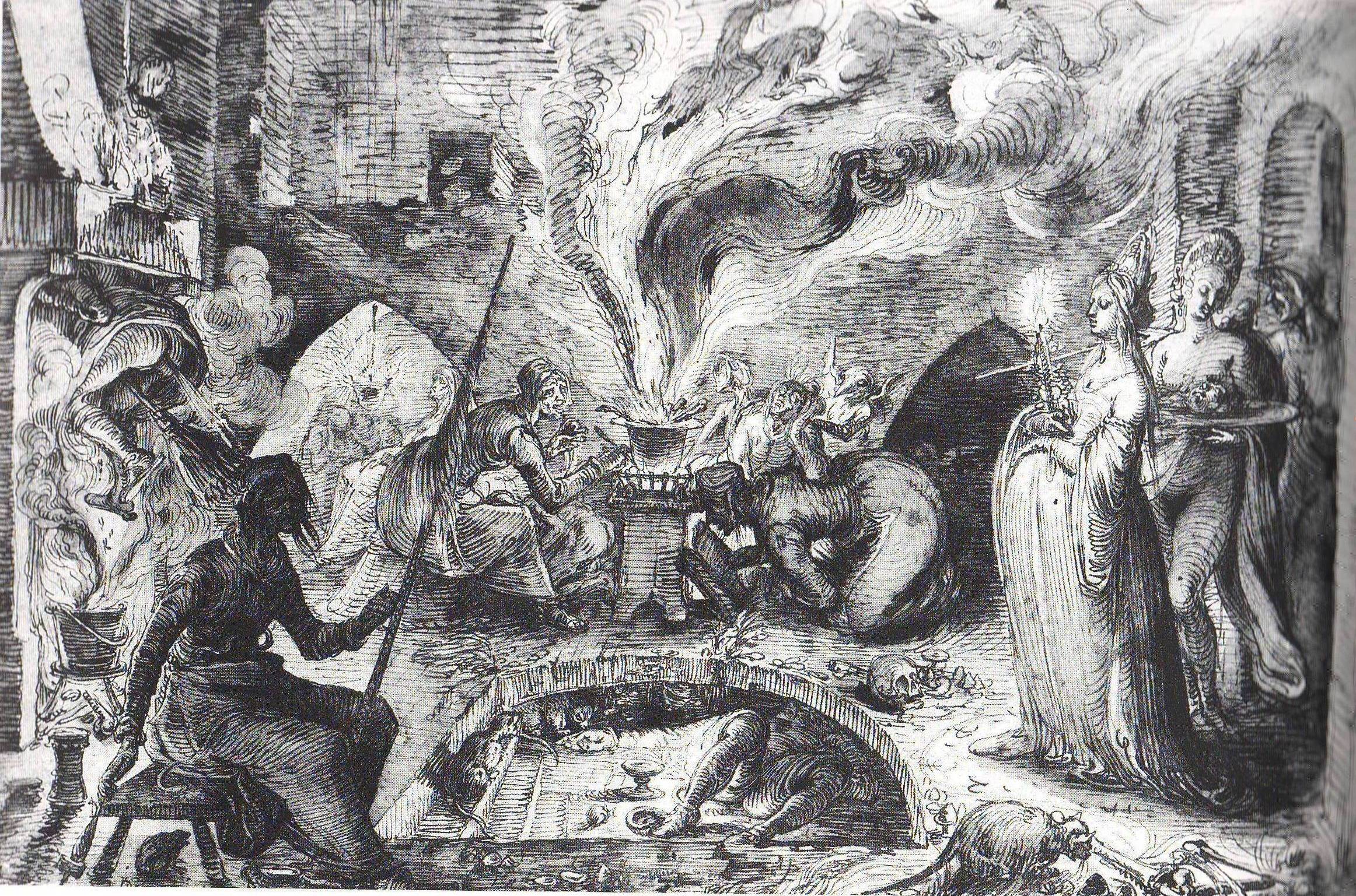 People around a cauldron spewing smoke, religious figures standing amid the chaos