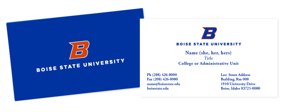 Image shows the blue back with university signature logo and the front of the business card template.