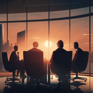 AI-generated image of people meeting at conference table at sunset