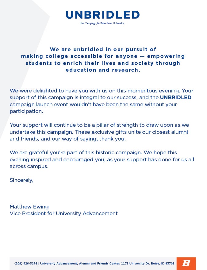 Example of Unbridled letterhead showing the Breakthrough B as a background element in the corner of the page