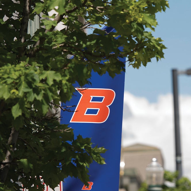 B logo banner on campus