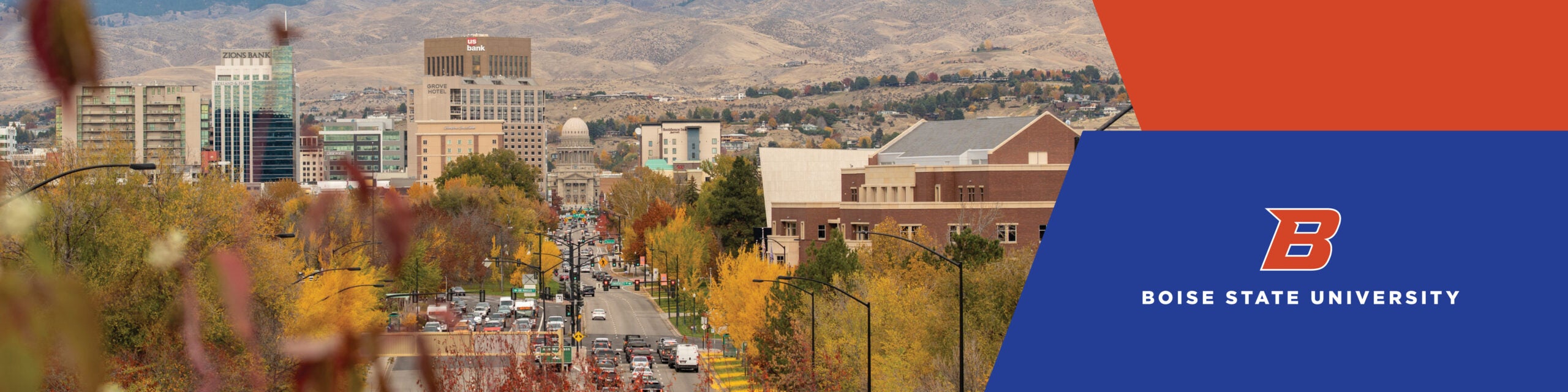 Boise State banner image for LinkedIn. Includes photo of downtown Boise and Boise State logo