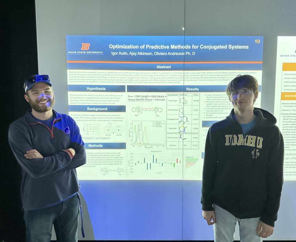 Photo of Igor Autin and Ajay Atkinson standing in front of their PChem poster