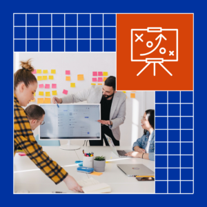 A team of four people is engaged in a collaborative strategy session in a modern office space. A man in a blazer is presenting insights on a computer monitor while pointing with a pen, as two colleagues seated at the table attentively listen and engage. Another team member in a plaid shirt is taking notes. The whiteboard behind them is filled with colorful sticky notes. The image is overlaid with a blue grid design, incorporating a rounded section that frames the scene. In the upper-right corner, an orange square features a minimalist white icon of a presentation board with strategy symbols, representing planning, analysis, or strategic thinking.