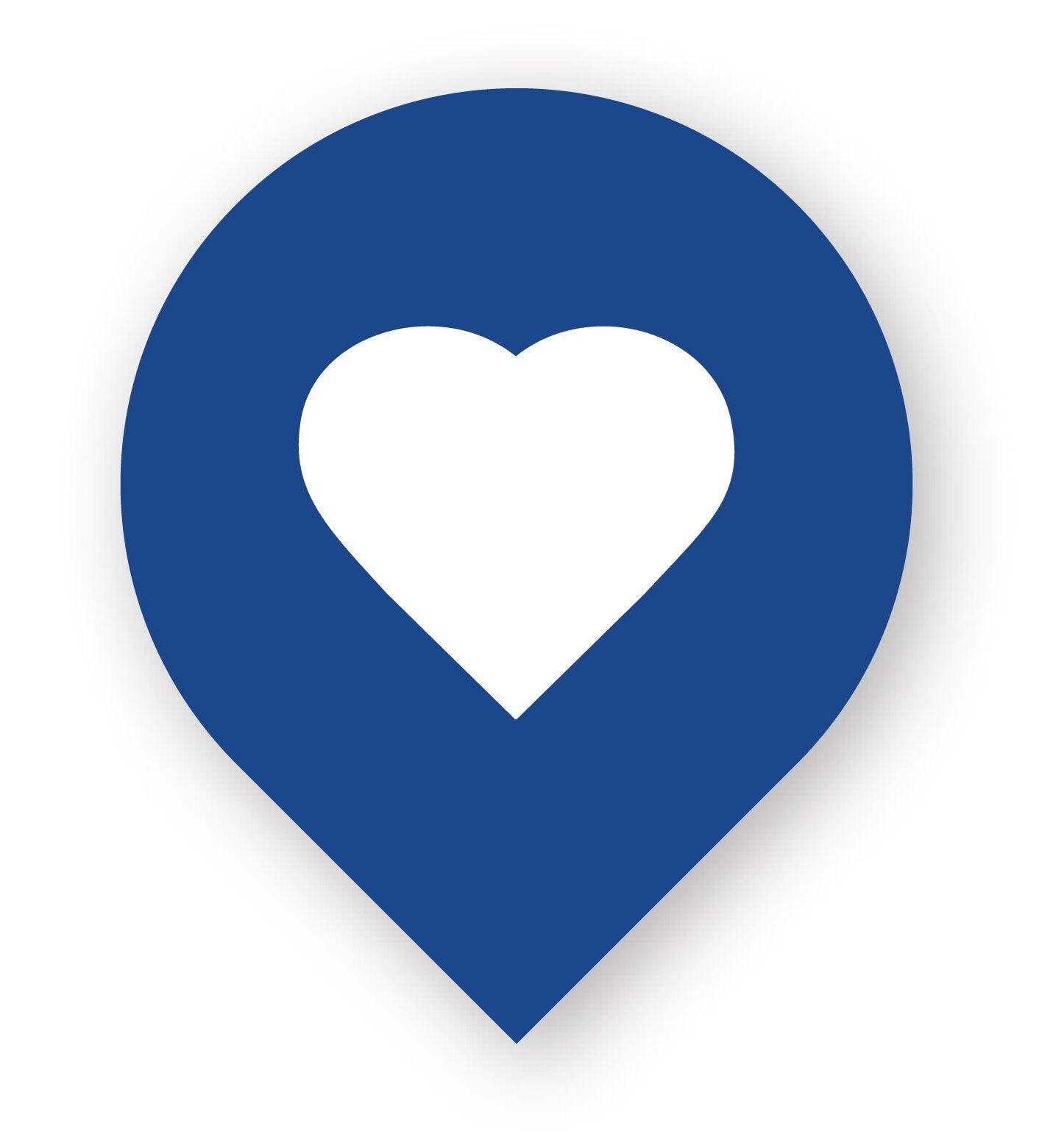 A blue map pin with a white heart symbol inside