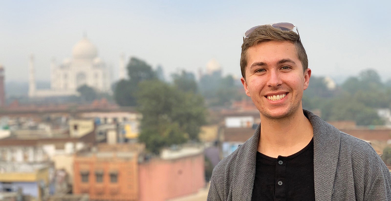 Greg Wischer in India, Taj Mahal in background