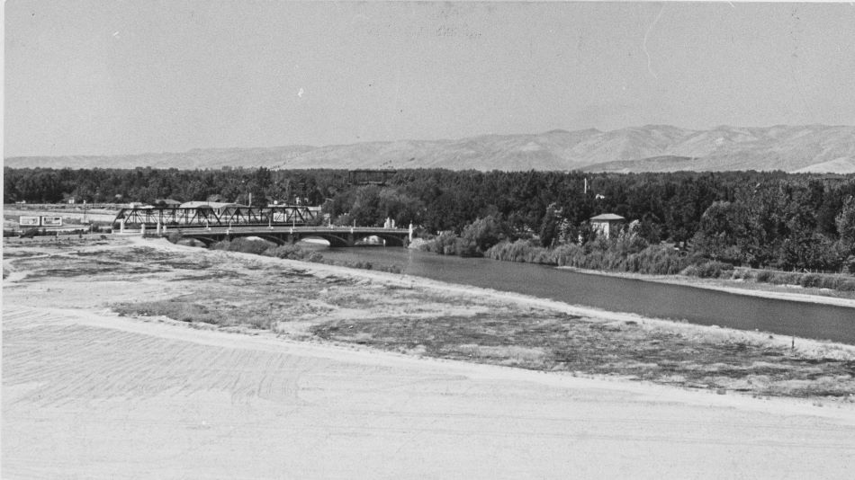 A northwest view from the tower (now the Administration Building) showing the Oregon Trail memorial bridge over the Boise River.