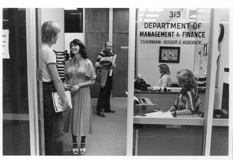 Students and staff in the Management and Finance Department in 1982