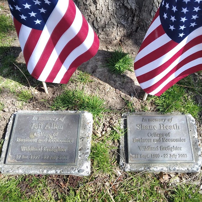 markers  under a tree at Riverfront Hall on Boise State campus, American flags placed by visitor