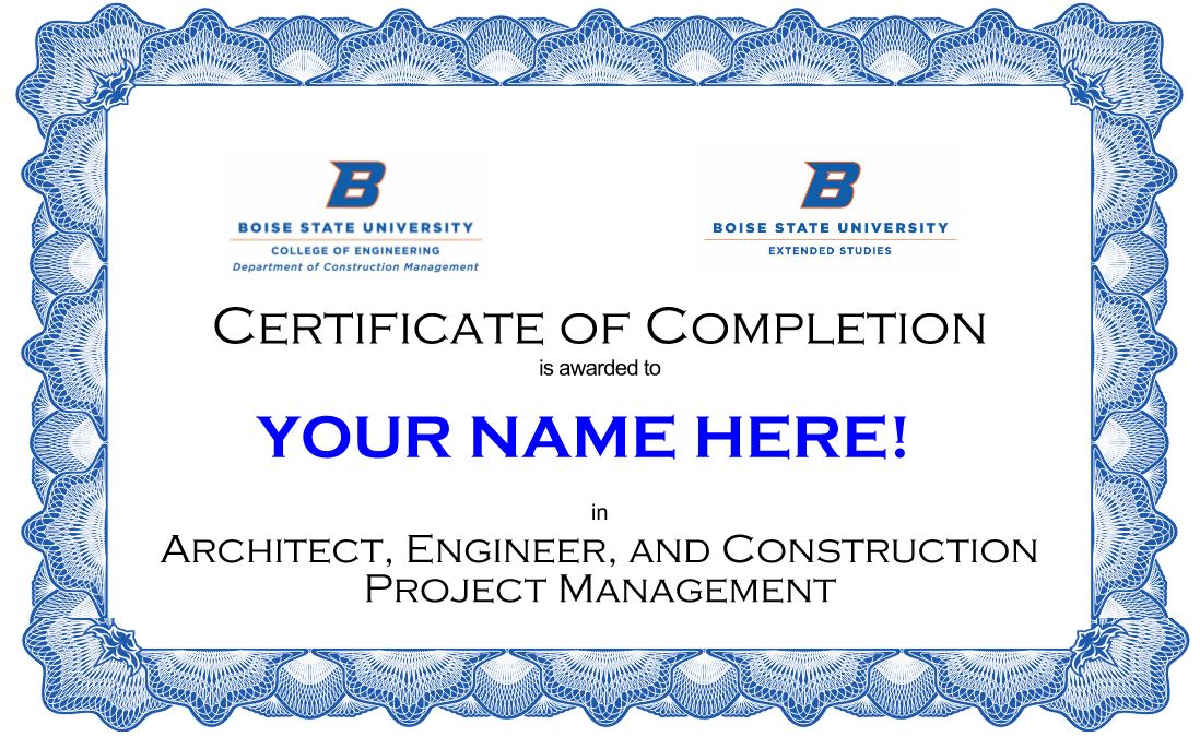 example Certificate of Completion for Architect, Engineer, and Construction Project Management course