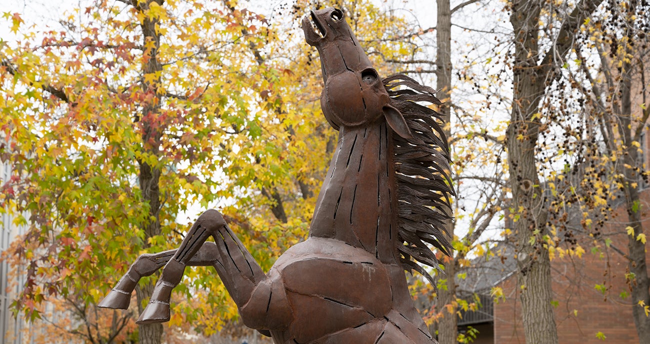 Metal bronco statue in the Boise State quad