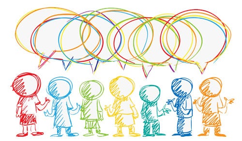 An illustration of colorful stick figures thinking collectively to represent community of practice.