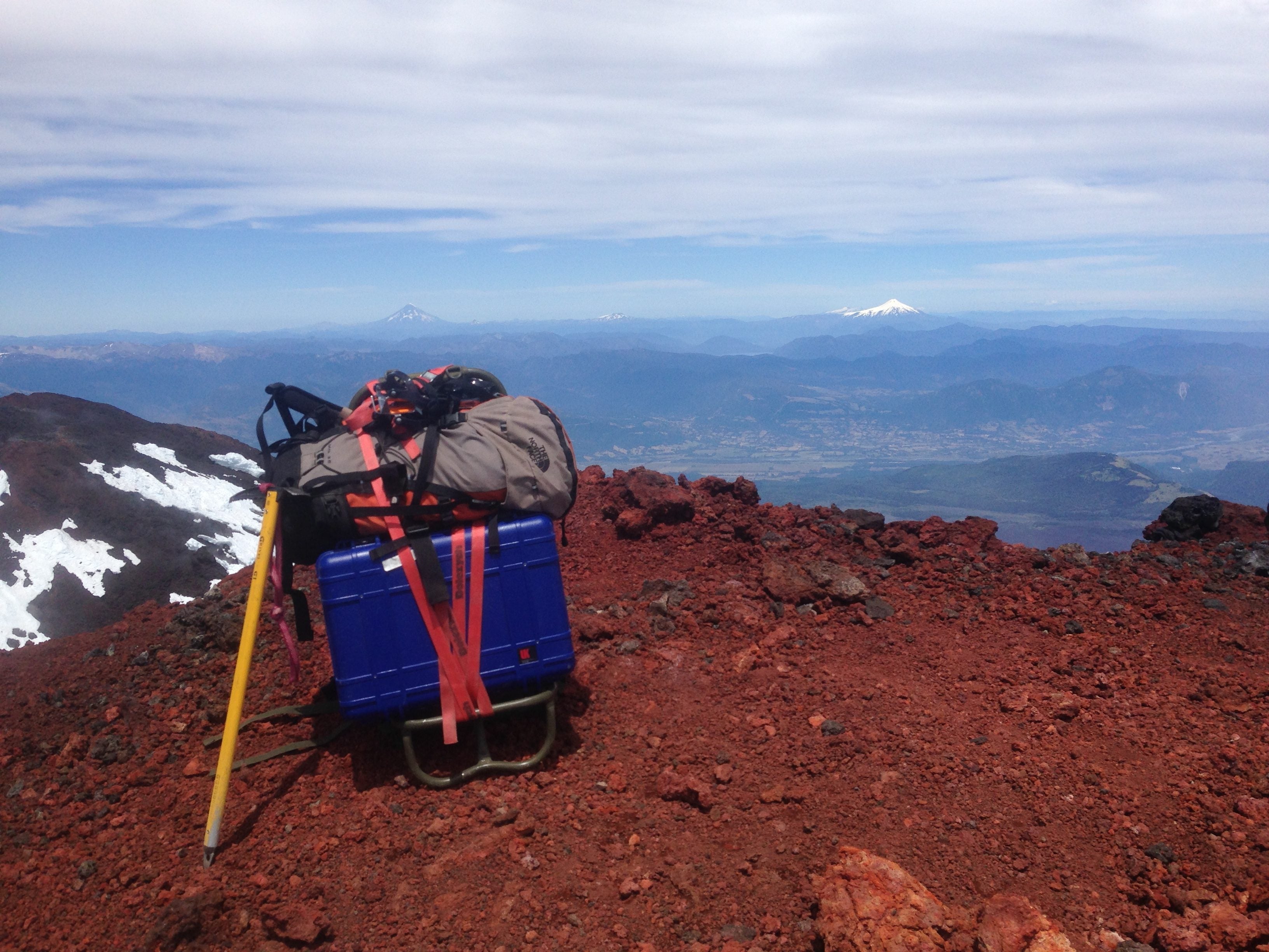 Prepping for installation at the top of Llaima Volcano, Chile. The Meridian Compact PH is in the blue box. Everything but the battery and solar panel fit in the box!
