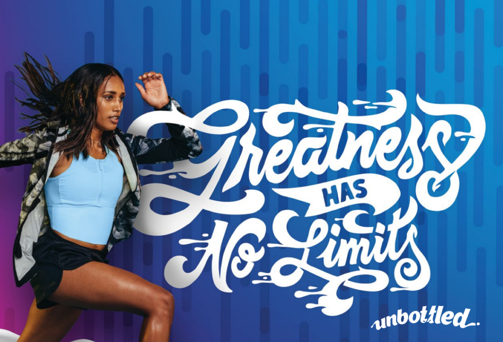 A photo graphic showing an athlete running alone with the slogan Greatness has No Limits by Unbottled.