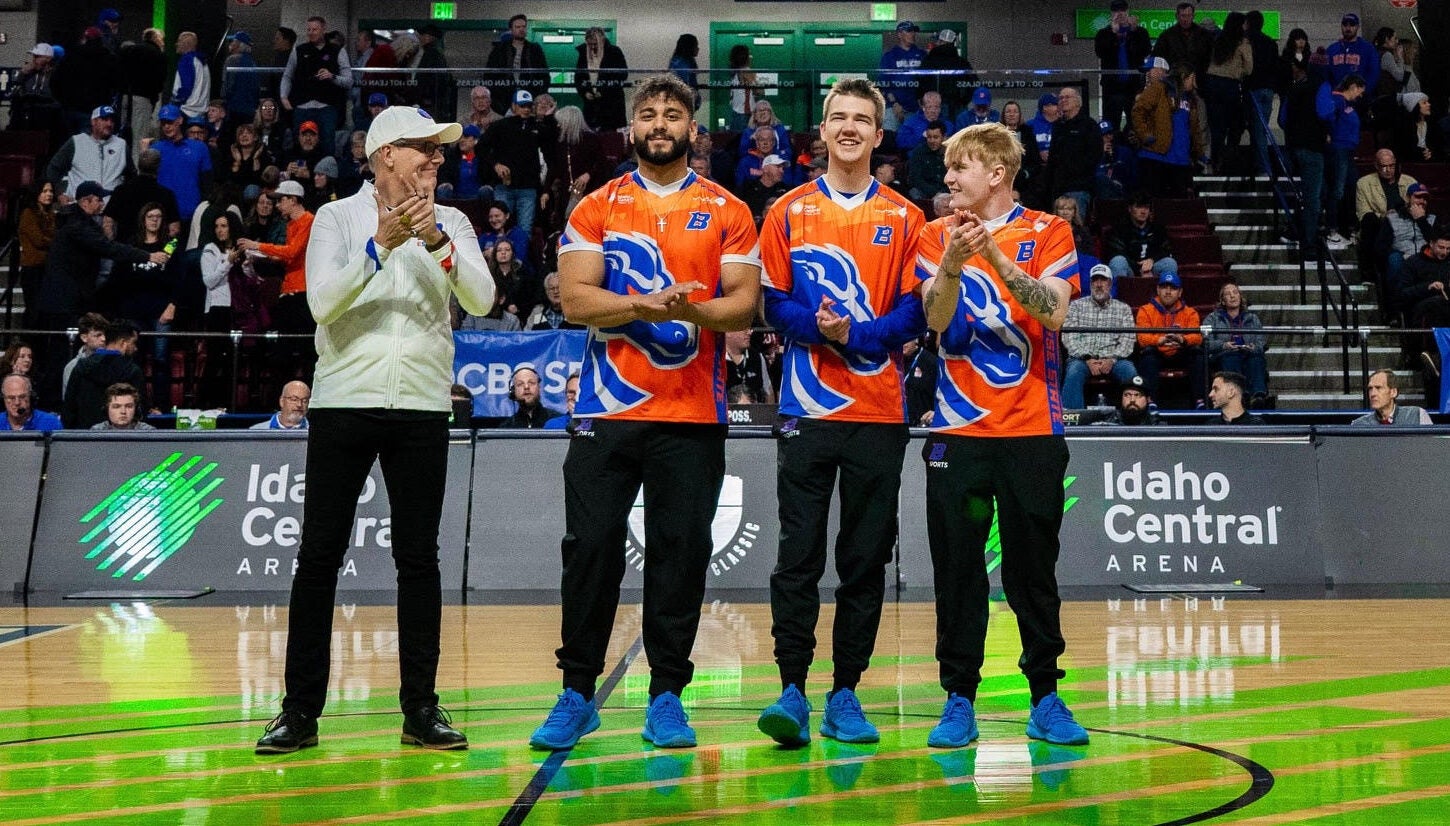 Boise State Rocket League players Emiliano Flores, Gabriel Reynolds, and Cade Hall are announced the Mountain West Rocket League champions at Idaho Central Arena.