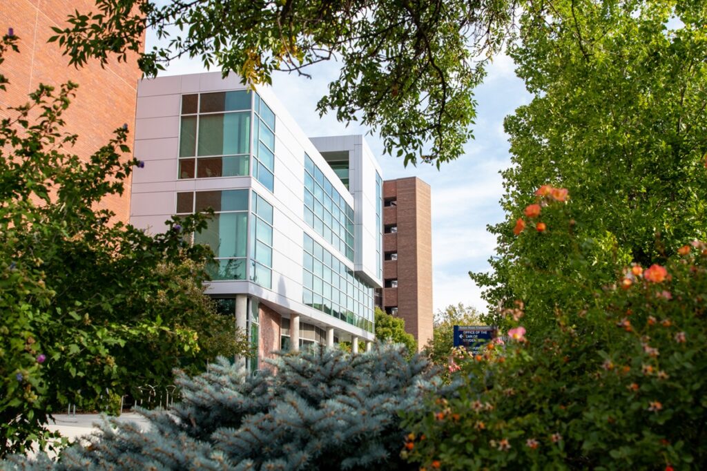 Boise State Building with trees surrounding it